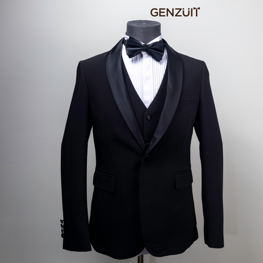 GENZUIT GROOM 極致純黑 緞面青果領三件套結婚晚禮服
