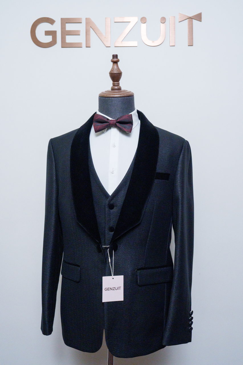 King 經典深灰 絲絨青果領三件套結婚晚禮服